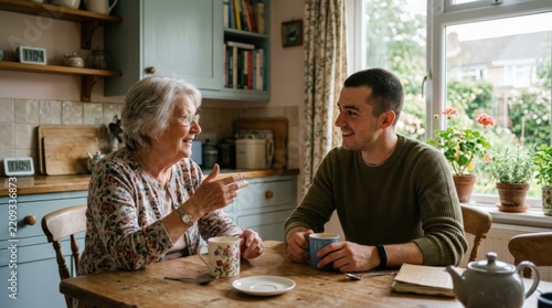 Older woman and younger man sitting together at a kitchen or diner table, intimate cinematic lifestyle scene, muted pastel interior, soft daylight, candid conversation and warm intergenerational