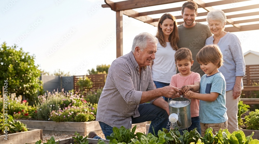 Obraz premium Multi generational family bonding together outdoors while grandfather teaches young grandsons how to water vibrant green plants in garden