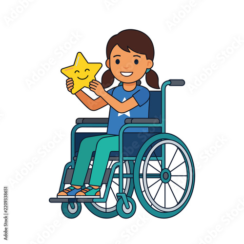 Young girl in wheelchair holding cute smiling star toy illustration