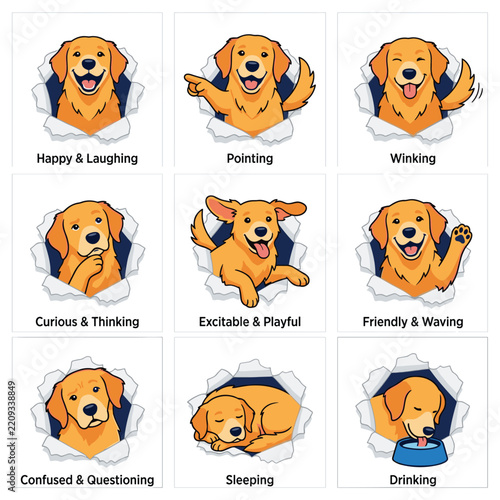 Cute golden dog cartoon characters showing various emotions breaking through paper holes