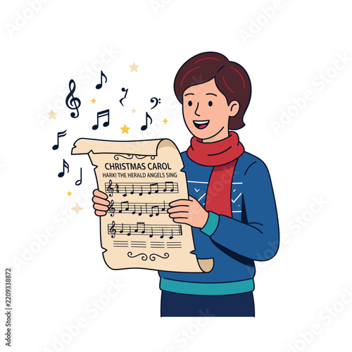 Young person singing holiday song holding scroll with musical notes