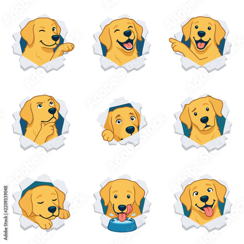 Cute golden retriever dog cartoon characters popping through torn paper holes showing various expressions