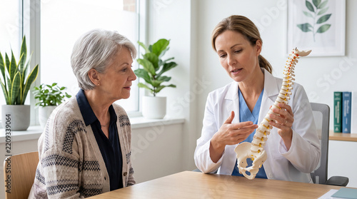 Caring female doctor consulting an older patient using a spinal model perfect for senior healthcare and professional chiropractic therapy concepts