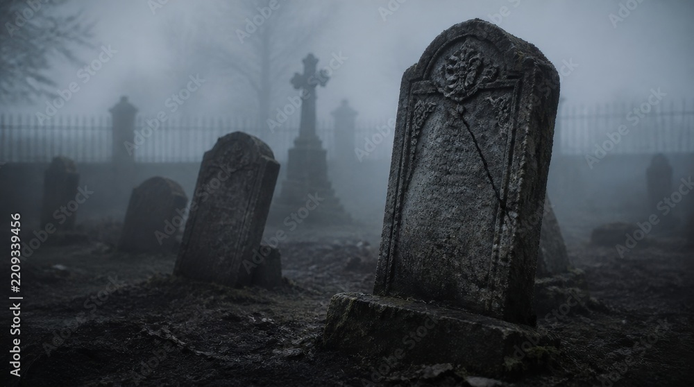 Fototapeta premium Haunted graveyard concept featuring crooked tombstones emerging from dense fog in an abandoned cemetery