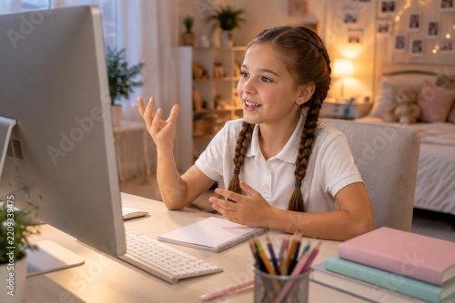 Girl Learning Online With a Computer in a Cozy Room