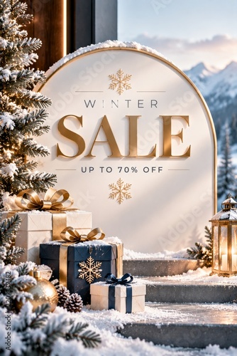 Winter Sale Sign Showing Discounts With Gifts and Decorations in a Snowy Outd...