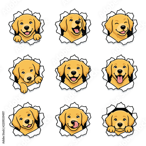 Cute golden retriever puppy expressions peeking through torn paper set