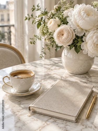 Morning Coffee and a Notebook on a Table With Flowers in a Bright Room