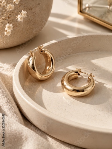 Golden Hoop Earrings Placed on a Neutral Plate With Decorative Elements