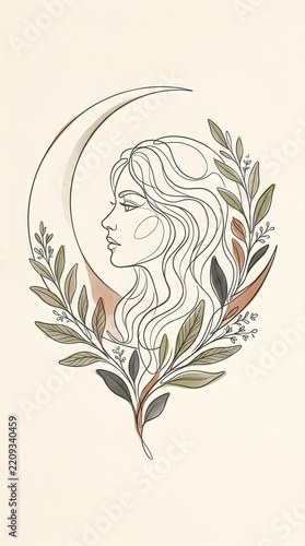 Line art illustration of a woman profile with crescent moon and leaves