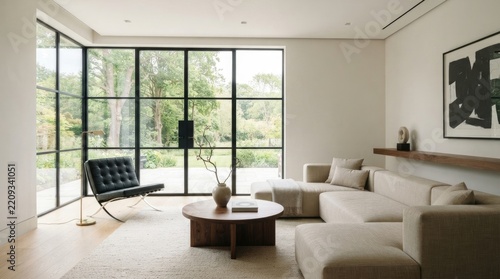 A modern living room features a large sectional sofa, a black armchair, and a coffee table. Floor-to-ceiling windows offer a view of a lush green landscape.