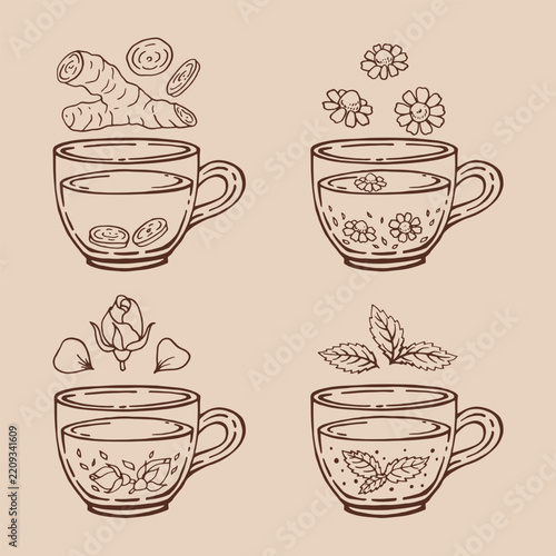 Set glass mugs of tea. Medicinal tea. Hand drawn vector illustration.