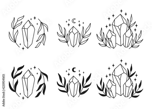 A large collection of mystical crystals with botanical elements in a clean black and white line art style.