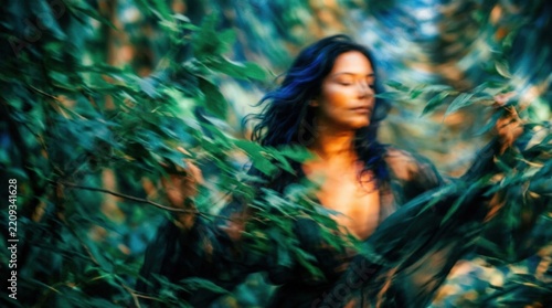 Abstract portrait of a woman glimpsed through waving foliage, dreamy fashion photography with heavy motion blur, teal and emerald shadows, glowing orange skin, cobalt blue highlights, soft streaked