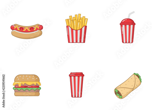 Food icon set featuring delicious fast snacks and drinks