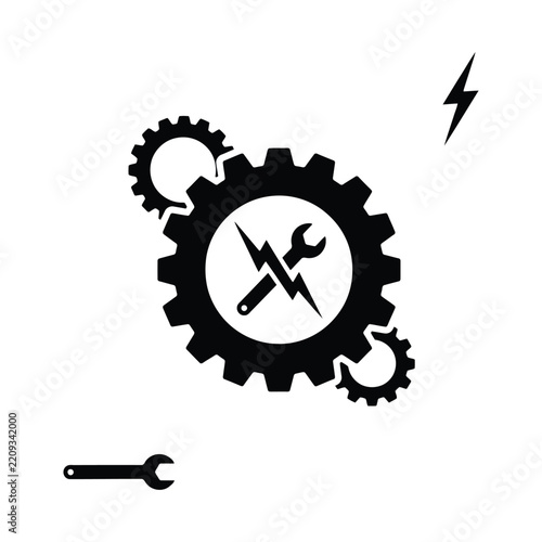 Gears icon silhouette with lightning bolt and wrench inside