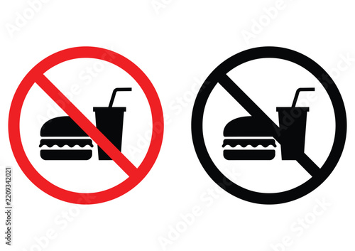 Food icon prohibition signs featuring hamburger and drink set