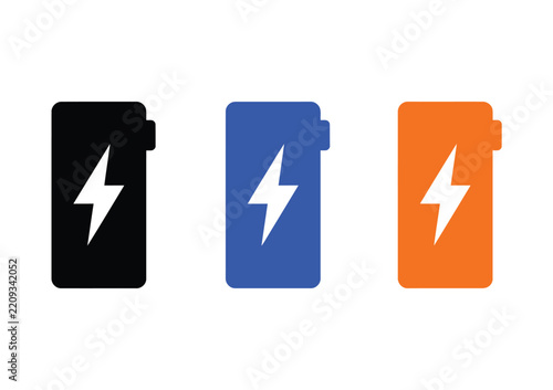 Battery icon set showing energy levels with lightning bolt