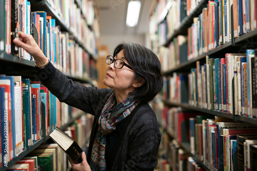 Asian woman searching for books in a university library.