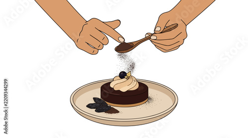Amazonian indigenous hands preparing a traditional chocolate dessert with native ingredients and forest elements