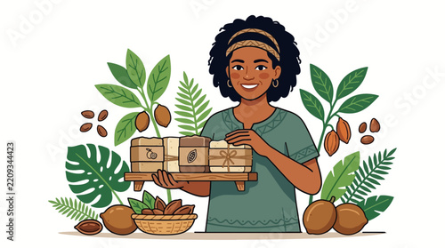 Amazonian Woman Showcasing Natural Soaps Derived from Native Flora and Fauna, Promoting Eco-Friendly Practices and Biodiversity Conservation