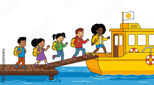 Children boarding a yellow boat on a wooden dock, symbolizing Amazonian education and community transport