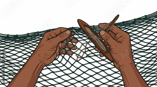 Amazonian Indigenous Hands Repairing Fishing Net Symbolizing Conservation and Biodiversity in Brazilian Rainforest