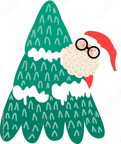 Cute Santa Claus Peeking Behind Christmas Tree Illustration