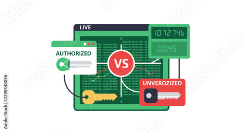 Cybersecurity and Data Verification Dashboard Illustration with Authorized and Unverified Status Indicators and Security Keys