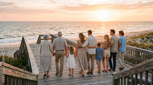 Multi generational family admiring the beautiful ocean view from a beach boardwalk perfect for happy holiday gatherings and strong bonding concepts