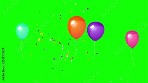 Balloons Floating Up with Confetti on Green Screen Background