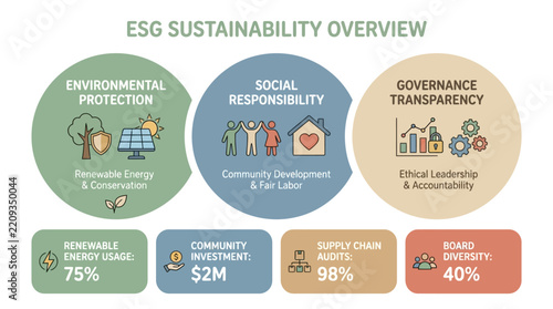 An ESG sustainability overview infographic detailing environmental protection, social responsibility, and governance transparency with key performance indicators.