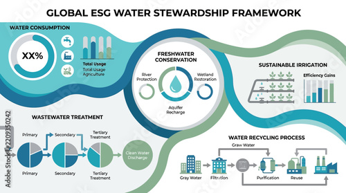 Infographic illustrating the Global ESG Water Stewardship Framework, detailing water consumption, conservation, treatment, and recycling processes.