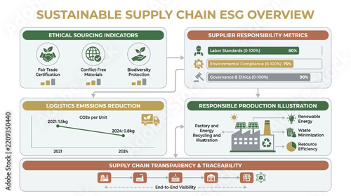 An infographic illustrating a sustainable supply chain ESG overview, detailing ethical sourcing, supplier responsibility, logistics emissions reduction, responsible production, and transparency.