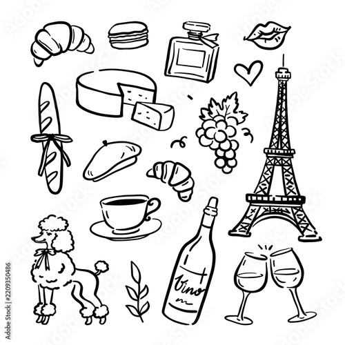 Paris Doodle Set with French Food, Coffee and Poodle