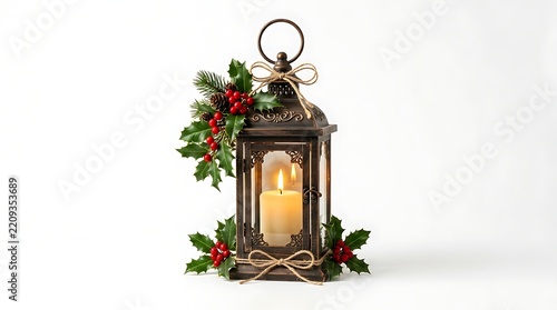Christmas lantern with candle and pinecone isolated on white background