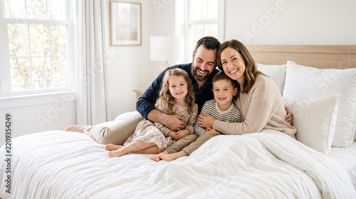 Beautiful young family cuddling warmly in a comfortable bed perfect for loving childhood memories and peaceful domestic lifestyle concepts