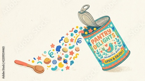 Open illustrated tin can with colorful contents on a pale background, playful editorial food illustration, turquoise, coral, yellow and blue palette, simple rounded geometry, grainy texture, quirky