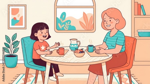 Mother and child talking across a round table, friendly flat vector illustration, peach, coral, cream and turquoise palette, simplified rounded figures, family communication concept and clean