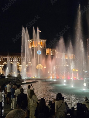 fountain at night in front of government house at republic square in Yerevan, Armenia