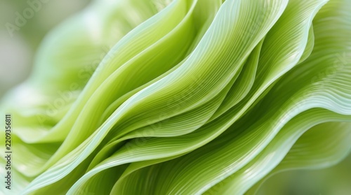 Extreme macro of rippling lime-green layered material, abstract biomorphic CGI, silky ribbed texture, sweeping diagonal folds, pale mint highlights and sophisticated nature-inspired contemporary