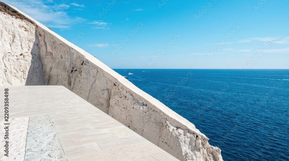 Fototapeta premium White coastal cliff wall leading toward an endless deep blue sea, minimalist travel photography, strong diagonal architectural-like edge, bright sun, clean cyan horizon and spacious luxury vacation