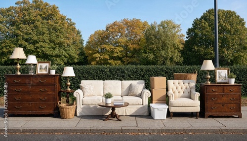 A collection of vintage furniture and household items left on a suburban sidewalk for a garage sale or moving day