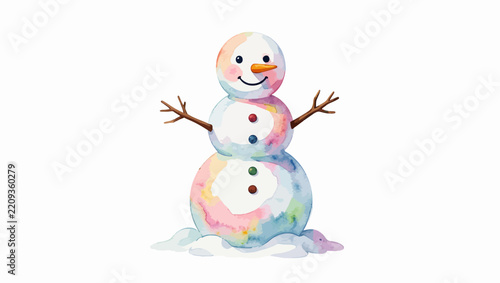 Cute Watercolor Snowman With Scarf And Twig Arms.
