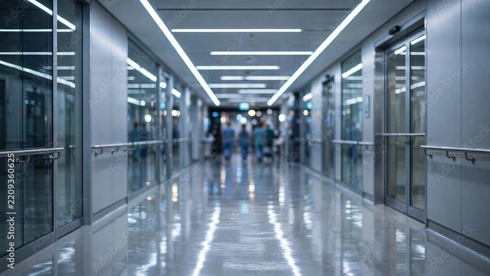 Fototapeta premium Modern hospital corridor at night with polished reflective floor and soft-focus medical staff walking, clean clinical interior with copy space