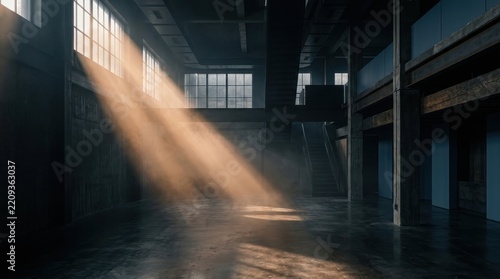 Empty industrial warehouse interior with dramatic sunlight streaming through large windows creating a moody atmosphere
