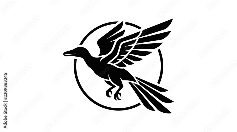 Fototapeta premium Black silhouette of a prehistoric bird with outstretched wings inside a circle, isolated on a transparent background.