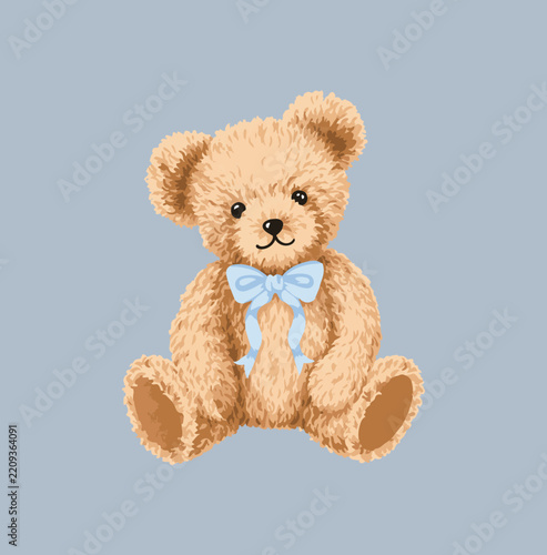 Blue bow teddy bear on white background