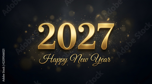 Golden 2027 happy new year greeting text on a dark background with floating sparkles