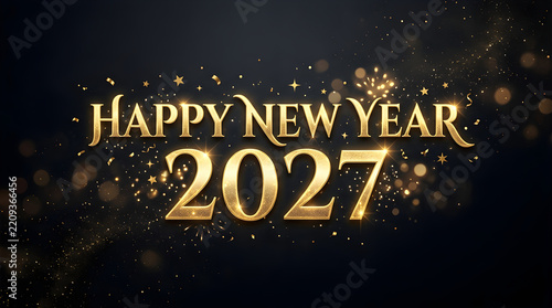 Happy new year 2027 gold text with sparkling light elements on a dark black background